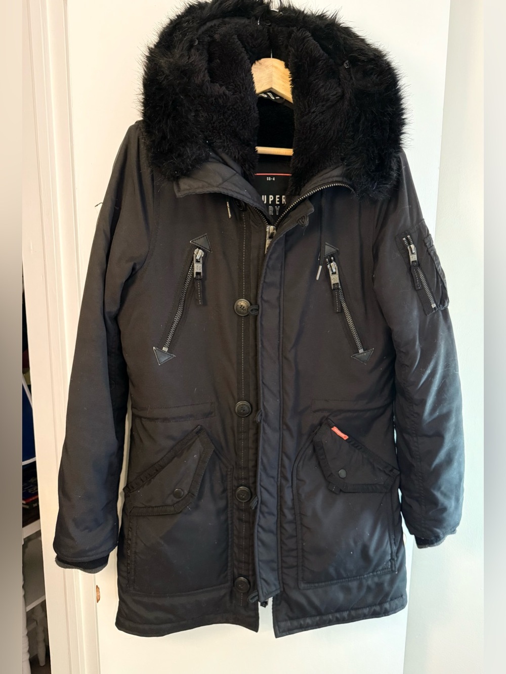 Superdry SD-4 Black Faux Fur Hooded Parka Coat Removable Hood- Women’s S